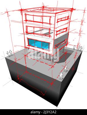 schéma d'une possible rénovation moderne de la maison ajoutant deux étages supplémentaires et sous-sol Banque D'Images