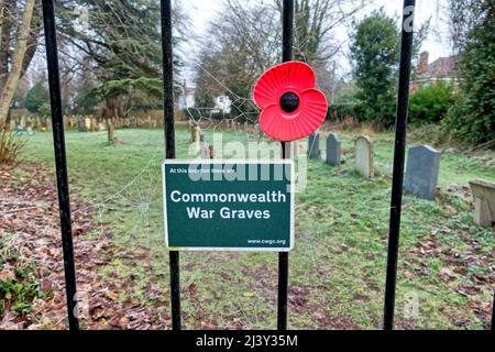 Warminster, Wiltshire, Royaume-Uni - janvier 18 2022 : un panneau Commonwealth War graves et un coquelicot rouge en plastique souvenir sur une porte de chantier naval à l'église St Johns Banque D'Images