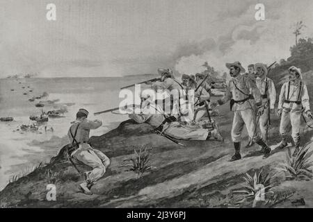 Guerre hispano-américaine. Conflit de guerre entre l'Espagne et les États-Unis en 1898, résultat de l'intervention nord-américaine dans la guerre d'indépendance cubaine. Des soldats espagnols ont rejeté l'atterrissage des troupes américaines sur la côte de Cienfuegos (Cuba). Illustration par M. Alcázar. Photogravure par Laporta. La Ilustración Española y Americana, 1898. Banque D'Images