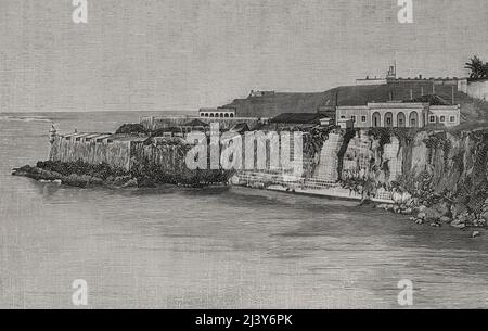 Porto Rico, San Juan. Entrée du port. De gauche à droite : Isla de Cabras, Bastion de San Agustin, batterie de Santa Elena et château de Morro. Gravure. La Ilustración Española y Americana, 1898. Banque D'Images