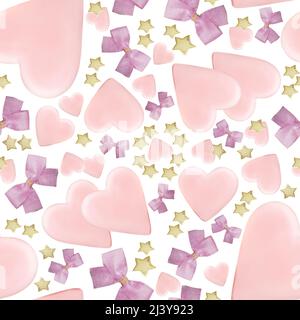 Motif rose sans couture sur fond blanc, pour les emballages cadeaux, les textiles et autres choses. Répétition des cœurs, des arcs et des étoiles Banque D'Images