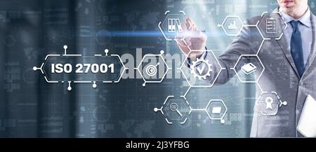 ISO 27001. Norme internationale de sécurité des informations. Concept de garantie de contrôle qualité des normes ISO. Banque D'Images