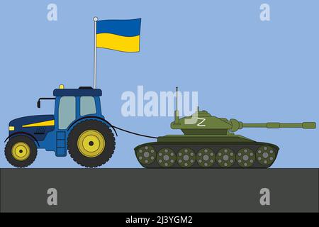 Un tracteur ukrainien truie un réservoir avec un réservoir russe avec une illustration vectorielle de symbole Z. Illustration de Vecteur