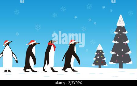 Penguin walking avec chapeau de noël, cartes de vœux, vector design Illustration de Vecteur