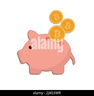 Symbole « Saving piggy Bank whit Bitcoin » blanc sur trame d'arrière-plan Banque D'Images