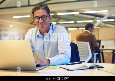 Si vous voulez qu'il soit bien fait, faites-le vous-même. Portrait d'un heureux homme d'affaires travailleur travaillant sur son ordinateur portable au bureau. Banque D'Images