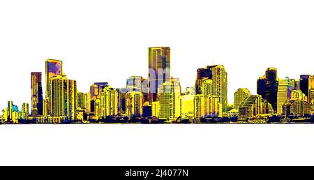 Dessin pop art de la ligne d'horizon du centre-ville de Miami sur fond blanc Banque D'Images