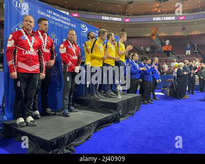 Las Vegas, États-Unis. 10th avril 2022. LAS VEGAS, NV - 10 AVRIL : la Suède a battu le Canada par 8-6 lors de la finale dimanche après-midi du Championnat du monde des hommes LGT à l'Hôtel Casino and Arena d'Orléans le 11 avril 2022 à Las Vegas, États-Unis. (Photo de Diego Ribas/PxImages) Credit: PX Images/Alamy Live News Banque D'Images