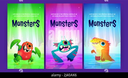 Affiches de dessin animé avec des monstres mignons, modèle de flyers d'invitation pour les enfants Halloween partie ou performance avec des personnages drôles, extraterrestres, animaux étranges ou créatures personnages effrayants, ensemble de bannières vectorielles Illustration de Vecteur