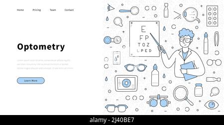 Bannière d'optométrie avec le médecin ophtalmologiste dans des verres avec carte de test oculaire. Page d'accueil de vecteur de contrôle médical ophtalmologique avec illustration dessinée à la main de l'optométriste homme, gouttes, pilules et lentilles Illustration de Vecteur