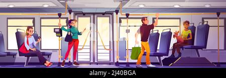 Les personnes à l'intérieur des autobus, les passagers hommes et femmes avec bagages, les smartphones ou les animaux s'assoient et se tiennent dans le salon de transport de banlieue moderne avec borne et fenêtres, illustration du dessin vectoriel de Cartoon Illustration de Vecteur