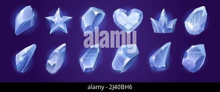 Icônes de jeu des cristaux de diamant en forme de abstrait, d'étoile, de coeur et de couronne. Ensemble de dessins animés vectoriels de joyaux bleus brillants ou de pierres de verre, de glace ou de rhinestone isolées sur le fond Illustration de Vecteur