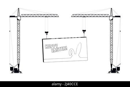 Deux grues à tour de construction tiennent une charge avec une inscription. Concept de célébration de Pâques. Illustration vectorielle plate. Illustration de Vecteur