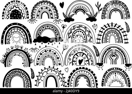 Collection boho arcs-en-ciel avec coeurs, fleurs, feuilles, nuage. Illustration moderne en noir et blanc. Style scandinave. Illustration vectorielle. Illustration de Vecteur