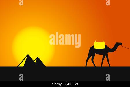 L'Egypte Pyramides avec des caravanes de chameaux sur fond coucher de soleil - Illustration Illustration de Vecteur