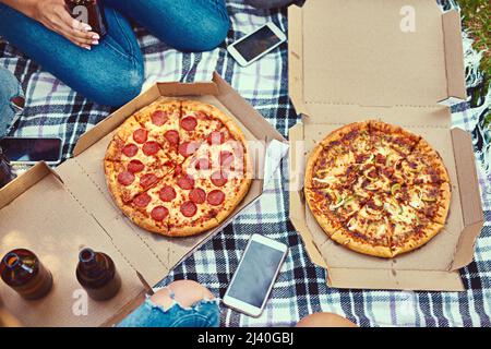 Se régalent entre amis. Photo d'un groupe d'amis qui mangent de la pizza pendant un pique-nique. Banque D'Images
