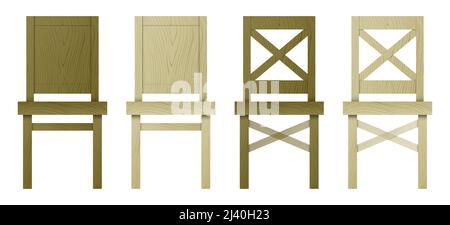 Ensemble vectoriel de différents styles de chaises en bois de couleur sombre et claire, isolé sur fond blanc. Illustration de Vecteur