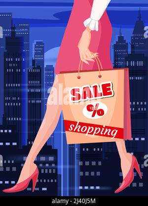 Poster femme va faire du shopping avec un sac, Super soldes rabais. Acheter pour une vente. Illustration vectorielle, rétro, vintage Illustration de Vecteur