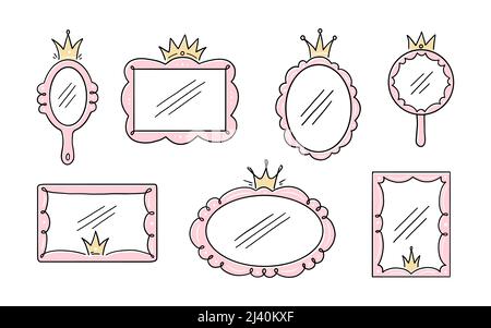 Cadre de miroir couronne princesse. Miroir de jardin dessiné à la main avec couronne pour bébé princesse décorer bordure. Illustration vectorielle. Illustration de Vecteur