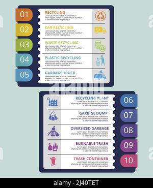 Modèle de recyclage de l'infographie. Icônes de différentes couleurs. Inclure le recyclage, le conteneur de déchets, les déchets brunlables, les déchets surdimensionnés et d'autres. Illustration de Vecteur