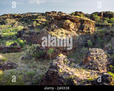 Grès de quartz robuste et affleurements karstiques de conglomérat du parc national de Mirima, East Kimberley Banque D'Images