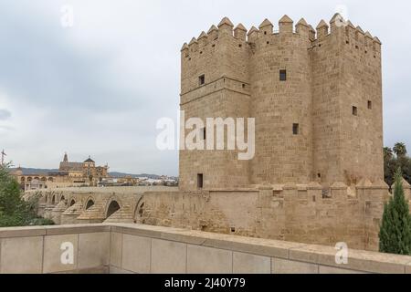 Cordoba Espagne - 09 13 2021: Vue sur la tour de Calahorra, Torre de la Calahorra, d'origine islamique, une porte fortifiée, le pont romain et le fleuve Guadalquivir, Banque D'Images