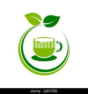 Modèle avec logo « thé vert ». Concept de mode de vie sain. Tasse verte à l'intérieur du cercle avec des feuilles. Concept de boisson à base de plantes. Thé biologique. Vecteur Illustration de Vecteur