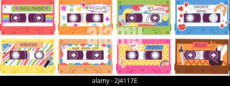 Cassette. 80s 90s cassettes audio, technologie de musique rétro. Cassettes plates de dessins animés avec des autocollants, mélanger des chansons, pop hits romantique et disco, kit de vecteur décent Illustration de Vecteur