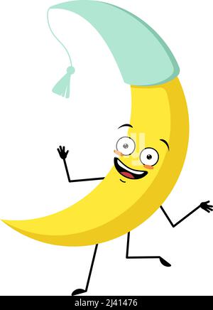 Adorable personnage de lune en chapeau de nuit avec une émotion délirante, un visage joyeux, des yeux souriants, des bras et des jambes dansants. Personne avec expression drôle et pose. Illustration vectorielle plate Illustration de Vecteur