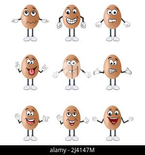 Des œufs de dessin animé mignons avec différentes expressions du visage isolés sur du blanc Illustration de Vecteur