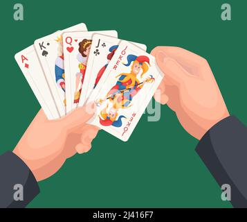 Jouer aux cartes entre les mains. Homme tenant des cartes de jeu de poker de casino avec des symboles chanceux exact vecteur modèle de dessin animé arrière-plan Illustration de Vecteur