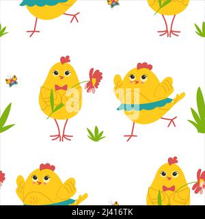 Mignons poussins jaunes dans différentes poses sans couture motif, oiseaux et fleurs, papillons. Illustration vectorielle Illustration de Vecteur