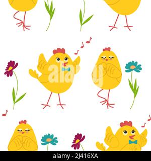 Mignons poussins jaunes dans différentes poses sans couture motif, oiseaux et fleurs, papillons. Illustration vectorielle Illustration de Vecteur