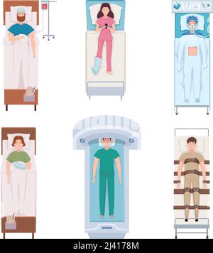 Patient dans le lit. Personnages de dessins animés malades dans les procédures d'urgence du lit d'hôpital pour aider les personnes à exact vecteur de la vue du dessus du patient Illustration de Vecteur