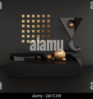 Podium vide géométrique de luxe 3D pour palciment de produits. Socle de produit de maquette de couleur noire Banque D'Images