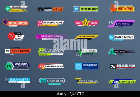 Les barres d'actualité. En-têtes de texte de vidéos, bande de conception de diffusion. Émission de télévision, flux de compétition sportive ou signe du nom de la chaîne, collection de vecteurs exacts Illustration de Vecteur