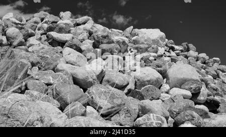 Pierres de diverses structures déposées sur le bord du champ. Tas de pierres de déchets. Photo en noir et blanc. Banque D'Images