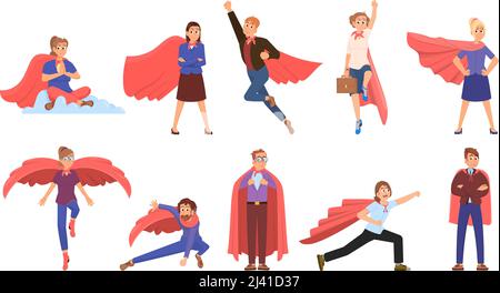 Super-héros du monde des affaires. Équipe gagnante de super-héros adultes, personne forte. Femme et homme en capes rouges, homme d'affaires porter un costume de bureau, ensemble de vecteur décent Illustration de Vecteur