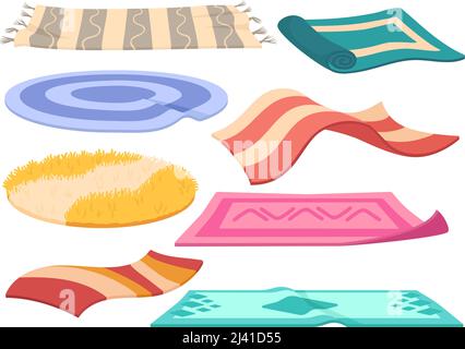 Tapis de dessin animé. Tapis de décoration, moquette pour le sol dans le salon ou la chambre à coucher. Éléments décoratifs en tissu confortable pour la maison, rouleau de tapis intérieur à motif vectoriel soigné Illustration de Vecteur