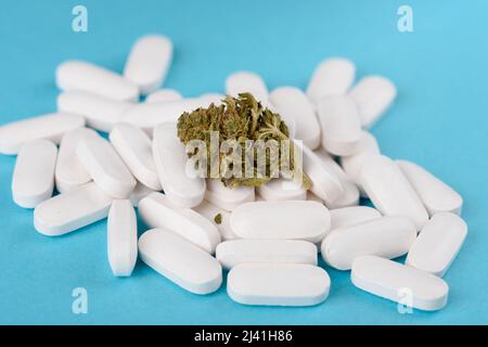 CBD cannabis fleur bouton sur tas de pilules blanches sur fond bleu Banque D'Images