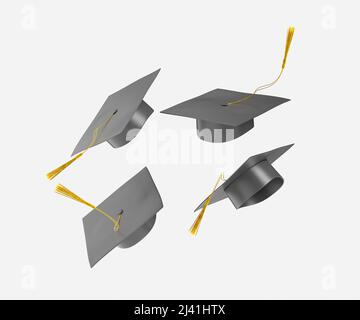 3d illustration de chapeaux de remise des diplômes jetés lors de la célébration de l'attribution d'un diplôme universitaire ou d'un diplôme sur fond blanc Banque D'Images
