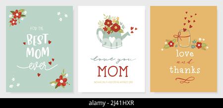Jolis dessins main de fête des mères, fleurs mignons et écriture, parfait pour les cartes, les invitations, les cadeaux, les bannières - conception vectorielle Illustration de Vecteur