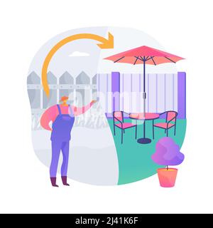 Rénovation de jardin résumé concept illustration vectorielle. Services d'aménagement paysager, entretien de jardins, plantation et ensemencement, lit de fleurs, arbres et arbustes, h Illustration de Vecteur