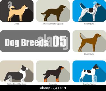 Chiens de races, debout au sol, vue latérale, illustration vectorielle, série d'images de dessins animés pour chiens Illustration de Vecteur