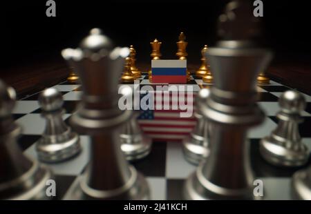 Jeu de société d'échecs. Concept de conflit politique entre les États-Unis et la Russie. Banque D'Images