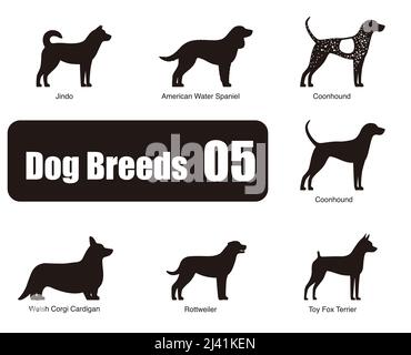 Chiens races, debout sur le sol, vue latérale, silhouette, noir et blanc, illustration vectorielle, série d'images de dessins animés pour chiens Illustration de Vecteur