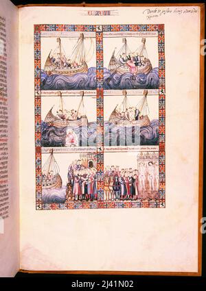 MTI1 - CANTIGA DE SANTA MARIA Nº193 - F254R - LA VIRGEN SALVA UN MERCADER QUE ECHARON AL MAR TRAS ROBARLE - SIGLO XIII Auteur: Alfonso X de Castille. LIEU: MONASTERIO-BIBLIOTECA-COLECCION. SAN LORENZO DEL ESCORIAL. MADRID. ESPAGNE. Banque D'Images