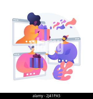 Partage de cadeaux en ligne résumé concept illustration vectorielle. Célébration en ligne, déballage du présent sur vidéo, envoi de voeux sur appareil photo, cadeau d'ouverture, Illustration de Vecteur