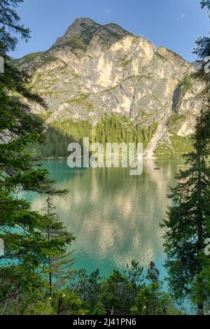 Lago di Braies avec le reflet de la Grande Apostolo montagne encadrée par une forêt. Dolomites. Chiffons. Tyrol du Sud. Italie. Banque D'Images