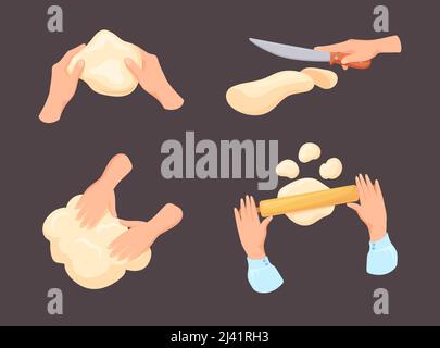 Pétrissage des mains de pâte. Farine à pétrir à la main de Baker avec des pâtes pour faire du pain sur la levure, cuisine maison recette préparer pour cuire gâteau de boulangerie, dessin animé dessin vectoriel propre. Préparer le pain à la pâte Illustration de Vecteur